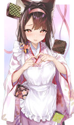 Rule 34 | 1girl, absurdres, animal ear fluff, animal ears, apron, blue archive, blush, breasts, chocolate, fox ears, fox girl, heart, heart-shaped pupils, heart hands, highres, japanese clothes, long hair, looking at viewer, maid, multicolored hair, open mouth, ponpon nun, red hair, ribbon, simple background, smile, solo, symbol-shaped pupils, valentine, wa maid, wakamo (blue archive), yellow eyes