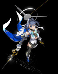 Rule 34 | 1girl, absurdres, black background, black hair, black thighhighs, blue bow, blue bowtie, blue eyes, bow, bowtie, breasts, chain, chain headband, cleavage, crop top, detached sleeves, english text, full body, hair intakes, halo, head chain, highres, holding, holding weapon, hololive, hololive english, jewelry, large breasts, looking at viewer, looking up, mechanical halo, ouro kronii, short hair, side slit, simple background, skirt, solo, striped clothes, striped skirt, sunkilow, thighhighs, turtleneck, veil, virtual youtuber, weapon, white veil, zipper