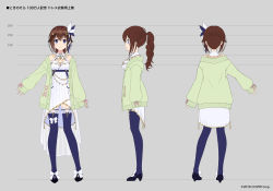Rule 34 | 1girl, amagai tarou, bare shoulders, blue eyes, bow, braid, breasts, brown hair, character sheet, closed mouth, copyright name, dress, full body, green sweater, hair ornament, hair ribbon, height chart, high heels, highres, hololive, jewelry, long hair, looking at viewer, medium breasts, multiple views, off shoulder, official art, pink ribbon, ponytail, ribbon, shoes, smile, star (symbol), star hair ornament, straight-on, sweater, tachi-e, thighhighs, tokino sora, tokino sora (birthday 2022), virtual youtuber, white bow, white dress