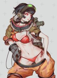 Rule 34 | 1girl, armor, bikini, black gloves, black hair, black neckwear, breasts, choker, commentary, cowboy shot, gloves, goggles, goggles on head, grey background, hazmat suit, headphones, highres, jacket, large breasts, legs apart, looking away, looking to the side, microphone, navel, original, parted lips, pink lips, red bikini, red eyes, short hair, single glove, softmode, solo, standing, swimsuit, undressing