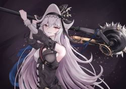 Rule 34 | 1girl, arknights, arms up, bare shoulders, black dress, breasts, chainsaw, circular saw, cleavage, detached sleeves, dress, grey hair, hat, highres, holding, holding weapon, light particles, long hair, long sleeves, medium breasts, parted lips, photoshop (medium), saw, smile, solo, specter (arknights), specter the unchained (arknights), upper body, very long hair, weapon, white hat, yoshi-j