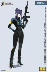 Rule 34 | 1girl, absurdres, assault rifle, bodysuit, character name, erin regan, finger on trigger, full body, grey background, gun, hand on own hip, highres, holding, holding gun, holding weapon, j adsen, logo, looking at viewer, multicolored hair, original, purple hair, red eyes, rifle, short hair, sig mcx, smile, solo, standing, streaked hair, weapon