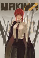 Rule 34 | 1girl, belt, black coat, black necktie, black pants, chainsaw man, coat, coat partially removed, collared shirt, ebae2006, formal, grey background, highres, looking at viewer, makima (chainsaw man), medium hair, necktie, pants, red hair, ringed eyes, shirt, sidelocks, smile, smoke, solo, suit, white shirt, yellow eyes