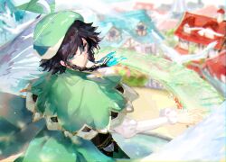 Rule 34 | 1boy, a ji, black hair, blue hair, blurry, blurry background, braid, capelet, chinese commentary, commentary request, frilled sleeves, frills, genshin impact, gradient hair, green capelet, green eyes, green hat, hat, highres, house, long sleeves, looking at viewer, looking back, male focus, multicolored hair, piano keys, shirt, solo, twin braids, upper body, venti (genshin impact), white shirt