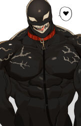 Rule 34 | 1boy, abs, alien, animal collar, bald, bara, black skin, collar, colored skin, feet out of frame, gomihebi, heart, highres, large pectorals, leash, looking at viewer, male focus, marvel, muscular, muscular male, no pupils, pectorals, saliva, sharp teeth, simple background, solo, teeth, tongue, tongue out, upper body, veins, venom (marvel), white background