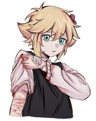 Rule 34 | 1boy, alternate costume, bandaged hand, bandages, bandaid, bandaid on face, bandaid on nose, basil (faraway) (omori), basil (omori), black sweater vest, blonde hair, blood, blood on clothes, blood on hands, blue eyes, collared shirt, flower, hair flower, hair ornament, highres, long sleeves, looking at viewer, niu tata, omori, parted lips, self-harm, shirt, short hair, simple background, solo, sweater vest, tearing up, upper body, white background, white shirt