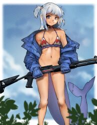 Rule 34 | 1girl, absurdres, belt collar, benelli m4 super 90, bikini, blue hair, blue sky, blunt bangs, bottomless, breasts, collar, fins, fish tail, gawr gura, grey eyes, gun, hair ornament, highres, hololive, hololive english, jacket, long sleeves, looking at viewer, medium hair, multicolored hair, open clothes, open jacket, putomaya, red collar, shark girl, shark hair ornament, shark tail, shotgun, sidelocks, sky, small breasts, streaked hair, swimsuit, tail, two side up, virtual youtuber, weapon, white hair