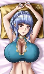 Rule 34 | armpits, bad anatomy, bikini, blue bikini, blue hair, blue nails, breasts, brown eyes, choker, duke von e-sex, fire emblem, fire emblem: three houses, highres, large breasts, looking at viewer, marianne von edmund, marianne von edmund (summer), midriff, nintendo, official alternate costume, on bed, pillow, sweat, swimsuit