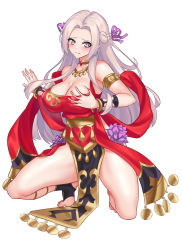 Rule 34 | 1girl, absurdres, alternate breast size, alternate costume, bare legs, bare shoulders, barefoot, braid, grabbing another&#039;s breast, breasts, cleavage, dancer, dancer (fire emblem: three houses), dancing, earrings, edelgard von hresvelg, female focus, fire emblem, fire emblem: three houses, fire emblem heroes, grabbing, grabbing own breast, grey hair, harem outfit, highres, jewelry, large breasts, long hair, looking at viewer, nez-box, nintendo, pelvic curtain, purple eyes, slave, smile, solo, toeless legwear, white background