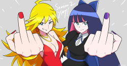Rule 34 | 2girls, black dress, blonde hair, breasts, cleavage, dress, highres, jewelry, middle finger, multiple girls, oksandio, panty &amp; stocking with garterbelt, panty (psg), pink hair, red dress, stocking (psg), tagme