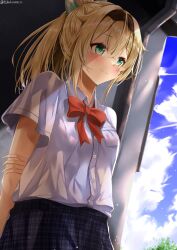 Rule 34 | 1girl, arm behind back, bad anatomy, bad hands, blonde hair, blue eyes, blue skirt, blue sky, blush, bow, bowtie, cloud, collared shirt, commentary request, hololive, kazama iroha, long hair, looking at viewer, ponytail, red bow, shibakarezduc3372, shirt, sidelocks, skirt, sky, solo, virtual youtuber, white shirt