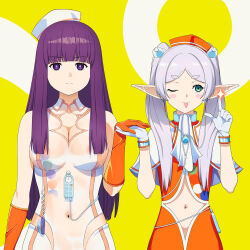 Rule 34 | 2girls, ;p, a1 (initial-g), album cover redraw, alternate costume, ascot, blush stickers, breasts, cleavage, cleavage cutout, closed mouth, clothing cutout, commentary request, cosplay, derivative work, elf, fern (sousou no frieren), frieren, gloves, green eyes, grey hair, hat, highres, index finger raised, long hair, looking at viewer, looking to the side, love live!, love live! school idol project, medium breasts, multiple girls, navel cutout, nipples, one eye closed, orange gloves, orange headwear, otome shiki ren&#039;ai juku, pointy ears, purple eyes, purple hair, see-through, smile, sousou no frieren, tojo nozomi (cosplay), tongue, tongue out, tojo nozomi, twintails, white ascot, white gloves, white headwear, yazawa nico, yazawa nico (cosplay), yellow background