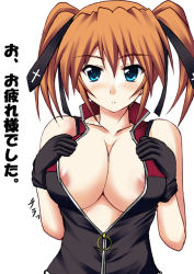 Rule 34 | 00s, 1girl, :o, bare shoulders, blue eyes, breasts, cleavage, gloves, kuronezumi, large breasts, lyrical nanoha, mahou shoujo lyrical nanoha, mahou shoujo lyrical nanoha strikers, nipples, open clothes, orange eyes, solo, teana lanster, twintails, unzipped