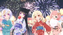 Rule 34 | 4girls, :o, :q, ;d, aerial fireworks, ahoge, animal ear fluff, animal ears, black hair, blonde hair, blue kimono, blurry, blurry background, blush, candy apple, cat ears, cat girl, cat tail, closed mouth, clover hair ornament, commentary request, cotton candy, depth of field, diona (genshin impact), fang, fireworks, floral print, food, four-leaf clover hair ornament, fufumi, genshin impact, green eyes, hair between eyes, hair ornament, hand fan, heart, highres, holding, holding food, japanese clothes, kimono, klee (genshin impact), long hair, long sleeves, low twintails, multiple girls, night, night sky, obi, one eye closed, open mouth, original, outdoors, paper fan, parted lips, pink hair, pink kimono, print kimono, purple eyes, purple hair, qiqi (genshin impact), red eyes, red kimono, sash, sky, sleeves past wrists, smile, tail, taiyaki, takoyaki, tongue, tongue out, twintails, uchiwa, very long hair, wagashi, white kimono, wide sleeves