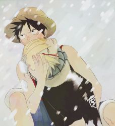 Rule 34 | 2boys, blood, carrying, drum island, closed eyes, hat, injury, jacket, male focus, monkey d. luffy, multiple boys, one piece, sanji (one piece), snow, straw hat, unconscious, vest