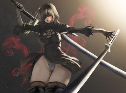 Rule 34 | 1girl, 2b (nier:automata), absurdres, artist request, black dress, black gloves, blindfold, bob cut, boots, breasts, cleavage, dress, feather trim, gloves, hairband, highres, holding, holding sword, holding weapon, juliet sleeves, leotard, leotard under clothes, lipstick, long sleeves, makeup, medium breasts, mole, mole under mouth, nier, nier:automata, nier (series), puffy sleeves, short hair, solo, sword, thigh boots, thighhighs, thighs, weapon, white hair, wide hips