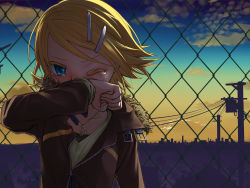 Rule 34 | 1girl, blonde hair, blue eyes, building, city, cityscape, cloud, colored eyelashes, female focus, hair ornament, hairclip, heart, heart necklace, highres, jacket, jewelry, junji, kagamine rin, necklace, outdoors, scenery, short hair, sky, solo, tears, vocaloid, wince