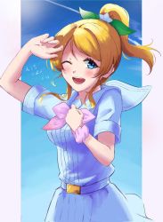 Rule 34 | 1girl, ;), a song for you! you? you!, aqua flower, artist name, artist request, ayase eli, belt, blonde hair, blue eyes, blue sky, blush, bow, breasts, clenched hand, cloud, collarbone, collared shirt, day, female focus, floating hair, hair between eyes, hair ornament, hand over head, high ponytail, highres, leaf hair ornament, long hair, looking at viewer, love live!, love live! school idol festival, love live! school idol project, miniskirt, neckerchief, one eye closed, outdoors, parted lips, pink bow, pink neckerchief, pink scrunchie, plaid, plaid skirt, pleated, pleated skirt, ponytail, sailor collar, scrunchie, shirt, short hair, short sleeves, skirt, sky, small breasts, smile, solo, star (symbol), star hair ornament, sunlight, white belt, white sailor collar, white shirt, white skirt, wink, wrist scrunchie
