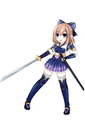 Rule 34 | 1girl, :d, absurdres, armor, blue eyes, blue ribbon, blush, brown hair, flower ornament, four goddesses online: cyber dimension neptune, full body, gloves, hair ribbon, highres, holding, holding sword, holding weapon, japanese armor, katana, kote, looking at viewer, muneate, nepsuka (hachisuka), neptune (series), open mouth, ribbon, rom (neptunia), short hair, smile, solo, sword, thighhighs, weapon