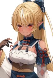 Rule 34 | 1girl, blonde hair, bow, breasts, cleavage, cleavage cutout, clothing cutout, commentary, dark-skinned female, dark skin, elbow cutout, english commentary, gloves, hair bow, half updo, hololive, ikazu401, large breasts, long hair, long sleeves, looking at viewer, multicolored hair, orange eyes, partially fingerless gloves, pointy ears, shiranui flare, shiranui flare (old design), shoulder cutout, smile, solo, streaked hair, tassel, underbust, upper body, virtual youtuber, white hair