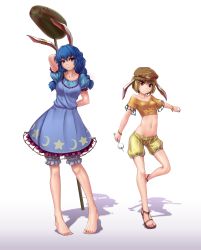Rule 34 | 2girls, absurdres, ambiguous red liquid, animal ears, barefoot, blonde hair, blood, blue dress, blue hair, bracelet, crescent, crop top, dango, dress, earclip, feet, flat cap, floppy ears, food, full body, hat, hater (hatater), highres, jewelry, kine, looking at viewer, mallet, midriff, moon rabbit, multiple girls, nail polish, navel, puffy short sleeves, puffy sleeves, rabbit ears, red eyes, ringo (touhou), sandals, seiran (touhou), shadow, shirt, short sleeves, shorts, simple background, skewer, smile, stain, standing, standing on one leg, star (symbol), toenail polish, toenails, toes, touhou, wagashi, white background