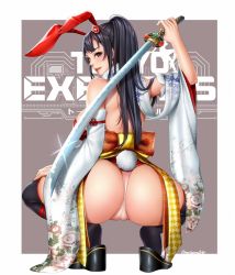 Rule 34 | 1girl, animal ears, ass, bad id, bad twitter id, bare shoulders, black hair, black legwear, brown eyes, floral print, hair ornament, high heels, holding, holding weapon, japanese clothes, katana, kneeling, long hair, looking at viewer, looking back, masami chie, official art, original, rabbit ears, rabbit tail, sandals, seigaiha, signature, smile, solo, sword, tail, tokyo exe girls, underwear, weapon, wedge heels, white background, wide sleeves