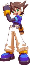 Rule 34 | 1boy, absurdres, archived source, black bodysuit, blue footwear, blue jacket, bodysuit, bodysuit under clothes, brown hair, clenched hand, cropped jacket, green eyes, highres, jacket, makoto yabe, mega man (series), mega man zx, official art, open mouth, pants, robot ears, shoes, short hair, simple background, smile, solo, teeth, upper teeth only, vent (mega man), white background, white pants
