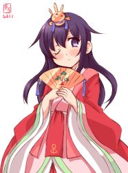 Rule 34 | 1girl, akatsuki (kancolle), alternate costume, anchor symbol, black hair, commentary request, cowboy shot, dated, hand fan, folding fan, hair ornament, highres, hina ningyou, japanese clothes, kanon (kurogane knights), kantai collection, kimono, layered clothes, layered kimono, logo, long hair, looking at viewer, one eye closed, purple eyes, simple background, solo, white background