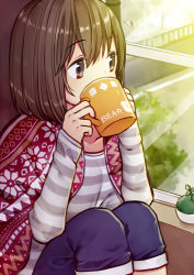 Rule 34 | 1girl, blanket, bob cut, brown eyes, brown hair, clarinet (natsumi3230), commentary request, cup, drinking, grey shirt, hair between eyes, holding, holding cup, indoors, knees up, kurata rine, legs together, looking outside, looking to the side, mug, original, shirt, short hair, sitting, solo, striped clothes, striped shirt, white shirt, window