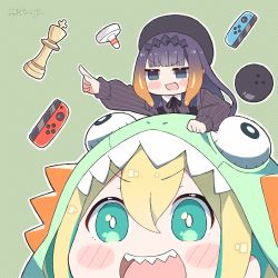 Rule 34 | 2girls, air hockey mallet, amano pikamee, ball, blonde hair, blue eyes, blush, blush stickers, bowling ball, carrying, chess piece, commentary, dinosaur hood, green eyes, green hair, hat, hololive, hololive english, joy-con, kukie-nyan, long hair, multicolored hair, multiple girls, ninomae ina&#039;nis, ninomae ina&#039;nis (casual), open mouth, piggyback, pointing, pointy ears, purple hair, sharp teeth, simple background, smile, striped, striped background, teeth, tentacle hair, twitter username, two-tone hair, virtual youtuber, voms