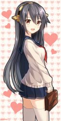 Rule 34 | 10s, 1girl, :d, bag, black hair, briefcase, brown eyes, casual, from side, hairband, haruna (kancolle), headgear, heart, heart background, kantai collection, long hair, miniskirt, open mouth, pleated skirt, rin yuu, school bag, school briefcase, school uniform, skirt, smile, solo, sweater, thighhighs, white thighhighs