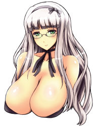 Rule 34 | 1girl, bare shoulders, bow, breasts, choker, cleavage, female focus, glasses, green eyes, hair bow, huge breasts, idolmaster, idolmaster (classic), long hair, neck ribbon, ribbon, ribbon choker, shijou takane, simple background, solo, wakame, white background, white hair