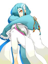 Rule 34 | 1boy, alternate color, blue hair, blush, china dress, chinese clothes, creatures (company), dress, earrings, flower knot, frilled shirt, frilled sleeves, frills, from above, from side, game freak, gardevoir, gen 3 pokemon, hair ornament, hair over one eye, half-closed eyes, hiyori (hiyori2515), humanization, jewelry, leggings, long dress, looking to the side, lying, male focus, mega stone, mole, mole under eye, nintendo, hugging object, on side, one eye covered, open clothes, open shirt, orange eyes, parted lips, pokemon, red pupils, shiny pokemon, shirt, short hair, sidelocks, simple background, sleeves past fingers, sleeves past wrists, solo, tassel, trap, white background, white dress, white leggings
