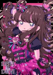 Rule 34 | 1girl, absurdres, arm behind back, arm up, black gloves, blue eyes, blush, bow, brown hair, club (shape), commentary request, diamond (shape), dress, eyeshadow, floating hair, gloves, hair bow, heart, highres, kurosu aroma, long hair, looking at viewer, makeup, milon cas, open mouth, pink dress, pink eyeshadow, pink lips, pretty series, print dress, pripara, puffy short sleeves, puffy sleeves, retro artstyle, short sleeves, smile, solo, spade (shape), sparkle, striped, striped bow