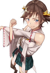 Rule 34 | 1girl, bad id, bad pixiv id, blush, boots, breasts, brown hair, closed mouth, detached sleeves, flipped hair, green skirt, hairband, headgear, hiei (kancolle), japanese clothes, kantai collection, looking at viewer, medium breasts, no legwear, nontraditional miko, pallad, plaid, purple eyes, ribbon-trimmed sleeves, ribbon trim, short hair, simple background, skirt, solo, standing, thigh boots, thighhighs, twitter username, white background