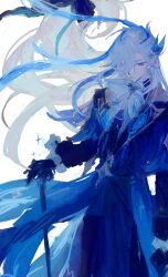 Rule 34 | 1boy, ascot, blue coat, blue eyes, blue gemstone, blue hair, brooch, cane, closed mouth, coat, cowboy shot, frilled sleeves, frills, gem, genshin impact, highres, holding, holding cane, jewelry, long hair, looking down, male focus, multicolored hair, neuvillette (genshin impact), nini9275, simple background, solo, standing, two-tone hair, white background, white hair