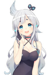 Rule 34 | 1girl, :d, and uge, android, bare shoulders, black choker, black dress, black gloves, blue eyes, blush, breasts, choker, cleavage, collarbone, dress, gloves, grey hair, half gloves, kusumoto shizuru, long hair, medium breasts, nanashi inc., open mouth, partially fingerless gloves, short eyebrows, simple background, smile, solo, thick eyebrows, upper body, v ap art, very long hair, virtual youtuber, white background, winding key