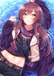 Rule 34 | 1girl, absurdres, arm up, belt, belt buckle, black shirt, black shorts, blush, brown belt, brown eyes, brown hair, buckle, commentary request, crop top, earrings, heart, heart earrings, highres, idolmaster, idolmaster shiny colors, jacket, jewelry, long sleeves, looking at viewer, lying, midriff, nail polish, navel, on back, osaki amana, open clothes, open jacket, parted lips, polka dot, polka dot shirt, purple jacket, purple scarf, red nails, revision, scarf, shirt, shorts, sleeves past wrists, solo, water, yunagi amane