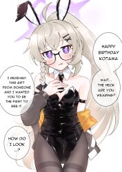Rule 34 | 1girl, absurdres, ahoge, alternate costume, alternate hairstyle, animal ears, armlet, bare shoulders, black leotard, black necktie, black pantyhose, blue archive, braid, breasts, cleavage, collarbone, commentary, detached collar, english commentary, english text, fake animal ears, glasses, grey hair, groin, hair between eyes, hair ornament, hairband, hairclip, halo, head tilt, highleg, highleg leotard, highres, jacket, kotama (blue archive), leotard, long hair, long sleeves, looking at viewer, medium breasts, mixed-language commentary, multicolored clothes, multicolored jacket, necktie, nikul (nitime875), open clothes, open jacket, pantyhose, playboy bunny, ponytail, purple eyes, rabbit ears, semi-rimless eyewear, sidelocks, simple background, single braid, sleeveless, solo, speech bubble, strapless, strapless leotard, two-tone jacket, white background, x hair ornament