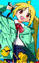 Rule 34 | 1girl, ahoge, arm at side, arm up, blonde hair, blue background, blue skirt, bocchi the rock!, bow, bowtie, collared shirt, cowboy shot, dot nose, unworn eyewear, green jacket, highres, holding, holding removed eyewear, hood, hood down, hooded jacket, ijichi nijika, jacket, leaning to the side, long hair, looking at viewer, loose bowtie, \n/, open clothes, open jacket, open mouth, pleated skirt, red bow, red bowtie, red eyes, rubber duck, shirt, shirt tucked in, side ponytail, skirt, smile, solo, sunglasses, white shirt, wide-eyed, yaya hiyayaka