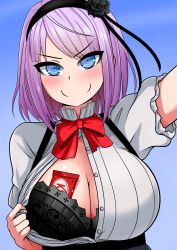 Rule 34 | 1girl, absurdres, black bra, blue eyes, bow, bowtie, bra, breasts, chocolate, cleavage, dagashi kashi, drooling, flower, food, hair flower, hair ornament, highres, huge breasts, kitkat, lace, lace bra, large breasts, light purple hair, looking at viewer, open clothes, open shirt, reaching, reaching towards viewer, saliva, selfie, shidare hotaru, shirt, short hair, simple background, skirt, smile, solo, suspender skirt, suspenders, the only shoe, unbuttoned, underwear, upper body, v-shaped eyebrows