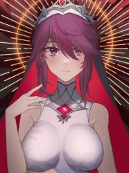 Rule 34 | 1girl, absurdres, bare shoulders, breasts, genshin impact, half-closed eyes, highres, large breasts, looking at viewer, multicolored hair, nun, purple eyes, purple hair, rosaria (genshin impact), short hair, sleeveless, slit pupils, solo, streaked hair, takasumikei, upper body, veil