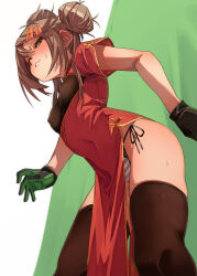 Rule 34 | 1girl, black gloves, black thighhighs, china dress, chinese clothes, covered erect nipples, double bun, dress, feet out of frame, from below, fu-ta, gloves, hair bun, highres, long hair, multicolored clothes, multicolored gloves, one eye closed, original, panties, red dress, side-tie panties, solo, striped clothes, striped panties, thighhighs, underwear, usami taiga