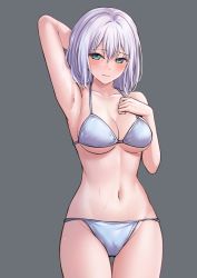 Rule 34 | 1girl, aqua eyes, arm behind head, arm up, armpits, bang dream!, bare arms, bare shoulders, bikini, blush, breasts, cameltoe, cleavage, closed mouth, collarbone, commentary request, cowboy shot, grey background, grey bikini, grey hair, groin, hair between eyes, halterneck, hand on own chest, hand up, highres, kurata mashiro, large breasts, looking at viewer, medium hair, navel, ptal, simple background, solo, standing, stomach, string bikini, swimsuit, underboob, water drop, wet, wet hair