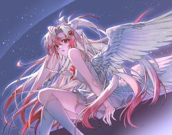 1girl angel_wings artist_request bare_arms bare_shoulders cross jewelry looking_at_viewer necklace night original red_hair sitting socks solo white_socks wings