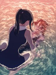 Rule 34 | 1girl, aged down, aqua background, bare arms, bare legs, barefoot, black hair, blue eyes, breasts, foot out of frame, from behind, furrowed brow, half-closed eyes, highres, large breasts, leaning forward, looking at another, medium hair, nico robin, one piece, orange background, partially submerged, ponytail, reflection, reflective water, ripples, seiza, sitting, sleeveless, solo, spread fingers, sunset, tsurime, two-tone background, wading, water