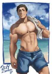 Rule 34 | 1boy, 2019, 8 (yamalu), abs, bara, beach, black hair, blue male swimwear, closed mouth, cloud, haikyuu!!, highres, holding, holding clothes, holding shirt, large pectorals, looking at viewer, male focus, male swimwear, muscular, muscular male, navel, nipples, outdoors, pectorals, sawamura daichi, shirt, short hair, sky, smile, solo, topless male, unworn shirt, wet