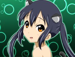 Rule 34 | 1girl, animal ears, bad id, bad pixiv id, bare shoulders, black hair, brown eyes, cat ears, cat tail, k-on!, long hair, nakano azusa, oku no shi, portrait, solo, tail, twintails