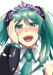 Rule 34 | 1girl, aqua eyes, aqua hair, blush, caffein, crying, crying with eyes open, detached sleeves, happy, happy tears, hatsune miku, headphones, headset, highres, jewelry, long hair, necktie, open mouth, sleeveless, smile, solo, tears, tiara, twintails, very long hair, vocaloid