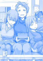 Rule 34 | 1boy, 3girls, :d, ^^^, ai-chan&#039;s sister (tawawa), ai-chan (tawawa), backpack, bag, blazer, blue theme, blunt bangs, blush, book, braid, breasts, buttons, collared shirt, comic, couch, drinking straw, emblem, eyebrows, getsuyoubi no tawawa, girl sandwich, glass table, hair ornament, hairclip, hand on own stomach, handheld game console, head tilt, himura kiseki, holding, holding book, indoors, jacket, juice box, kettle, kitchen, large breasts, leaning on person, legs together, long sleeves, lying, medium breasts, milk, monochrome, multiple girls, necktie, nintendo 3ds, on back, on couch, open book, open clothes, open door, open jacket, open mouth, original, package, pants, pantyhose, parted lips, plaid, plaid skirt, randoseru, rolling eyes, sandwiched, shirt, short hair, silent comic, single braid, skirt, sleeping, sleeping on person, sleeping upright, smile, solid circle eyes, star (symbol), surprised, sweatdrop, sweater, table, tile wall, tiles, transparent, turtleneck, volley-bu-chan&#039;s brother (tawawa), volley-bu-chan (tawawa), walk-in, wing collar